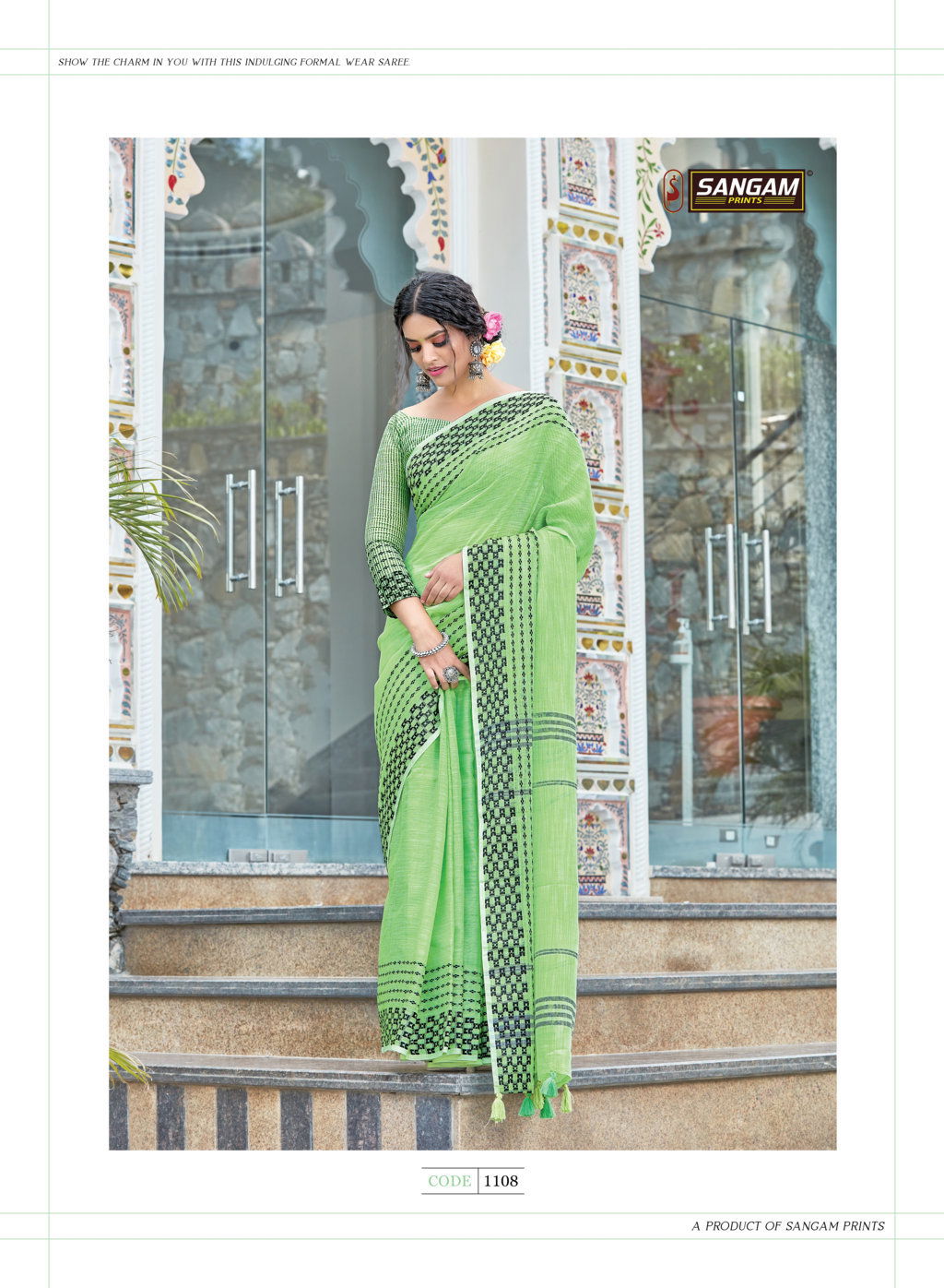 Sangam Rangeen Thread Work Ethnic Wear Linen Cotton Printed Saree Collection